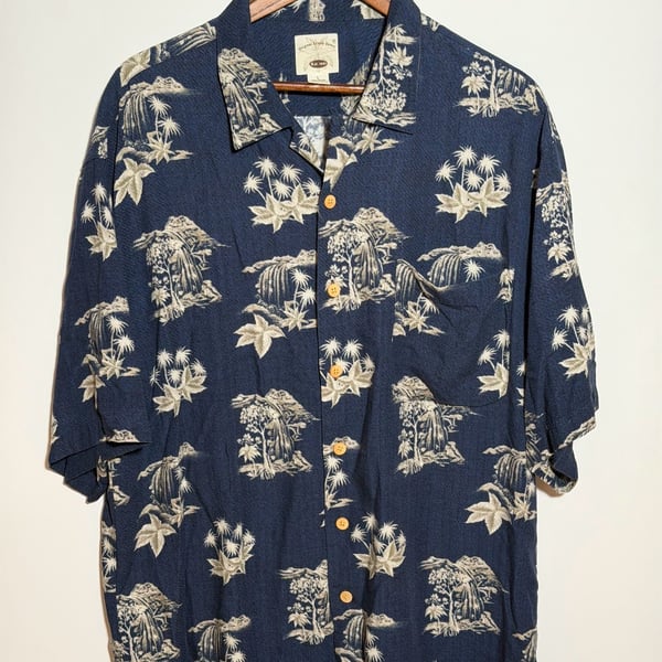 Original Island Sport Men's Blue Tropical Palm Tree Hawaiian Rayon Shirt Size L