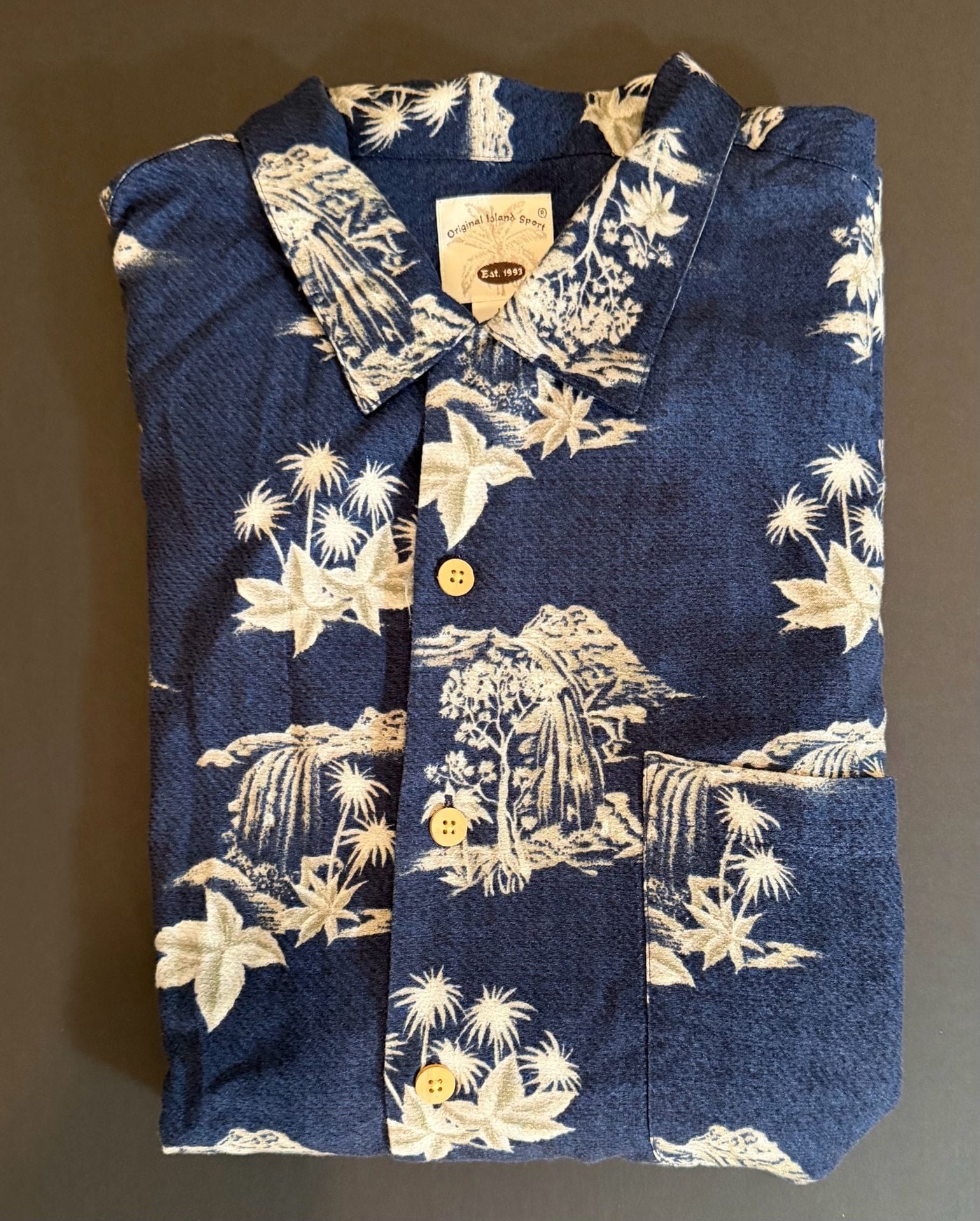Original Island Sport Men's Blue Tropical Palm Tree Hawaiian Rayon Shirt Size L 3