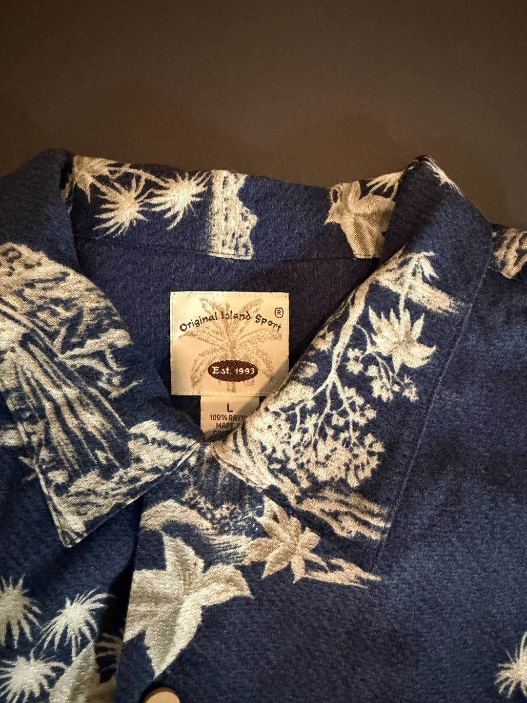 Original Island Sport Men's Blue Tropical Palm Tree Hawaiian Rayon Shirt Size L 6