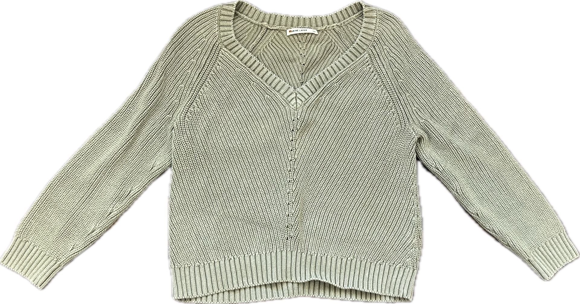 Marine Layer Women Camel 100% Cotton V-Neck Chunky Knit Sweater w Pointelle 2