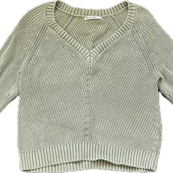 Marine Layer Women Camel 100% Cotton V-Neck Chunky Knit Sweater w Pointelle