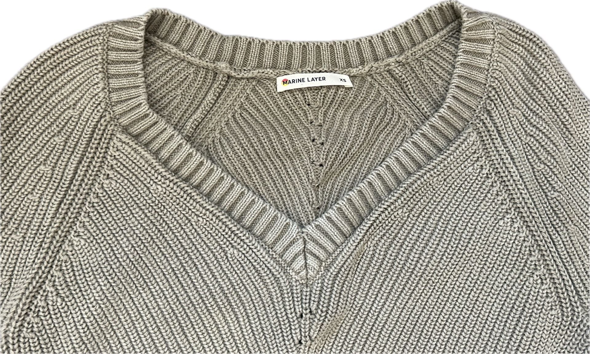 Marine Layer Women Camel 100% Cotton V-Neck Chunky Knit Sweater w Pointelle 5