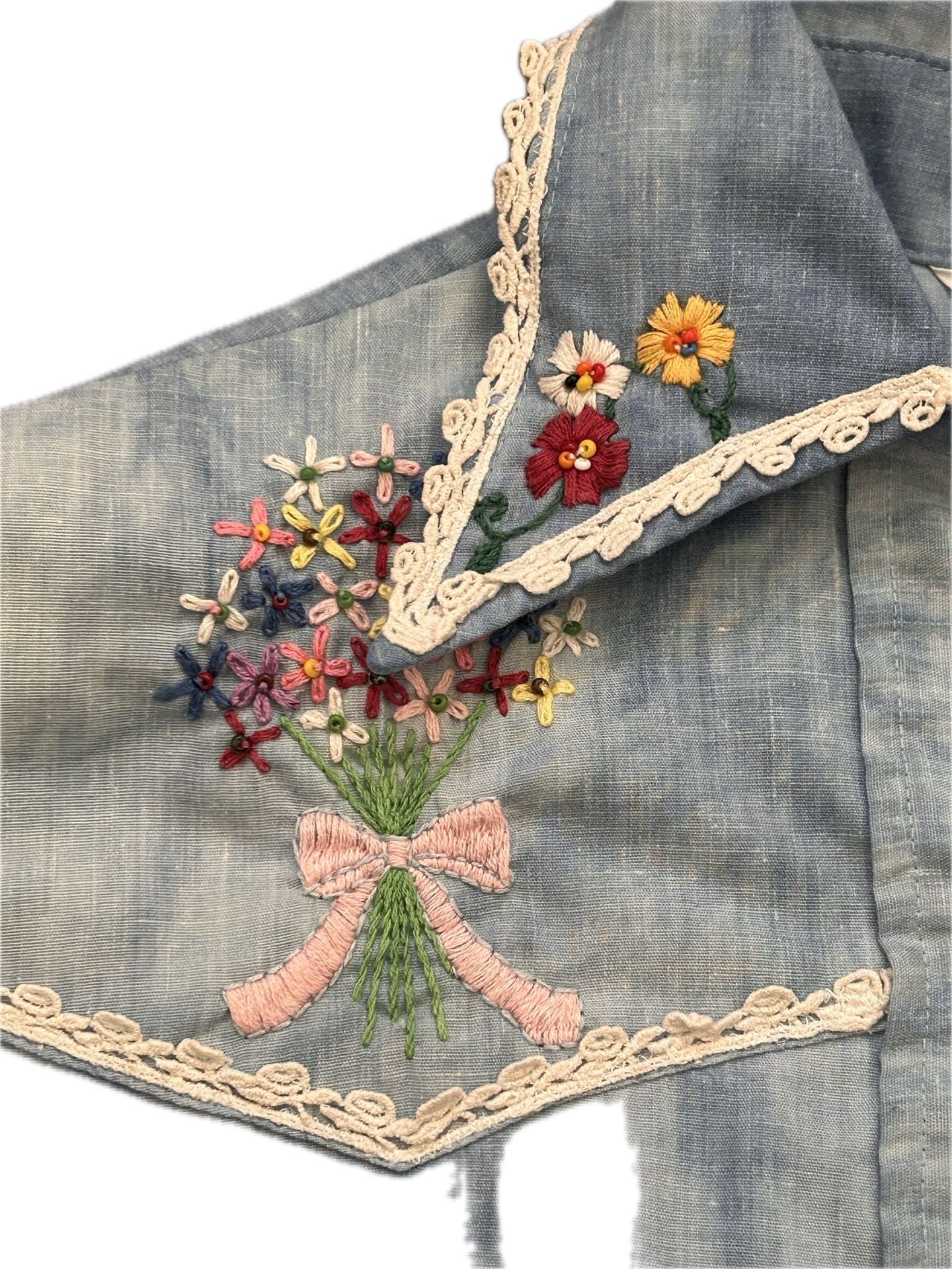 Vintage 70s Wrangler Embroidered Floral Western Denim Shirt prairie boho lace 4