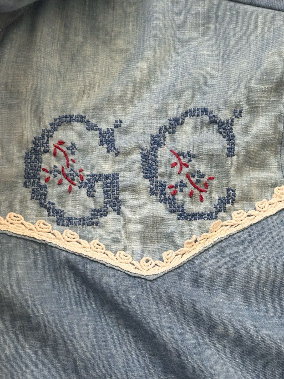 Vintage 70s Wrangler Embroidered Floral Western Denim Shirt prairie boho lace 9