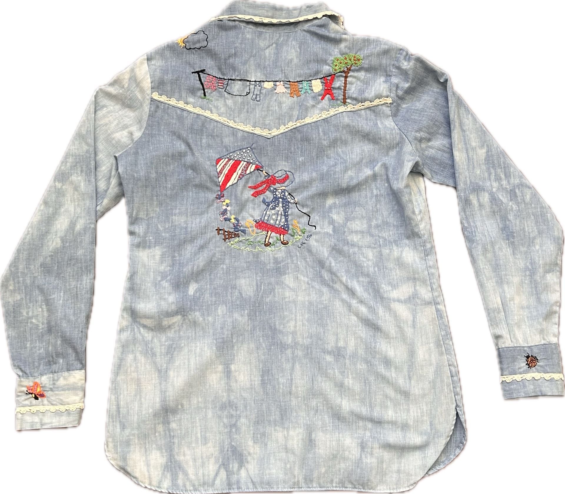 Vintage 70s Wrangler Embroidered Floral Western Denim Shirt prairie boho lace 11