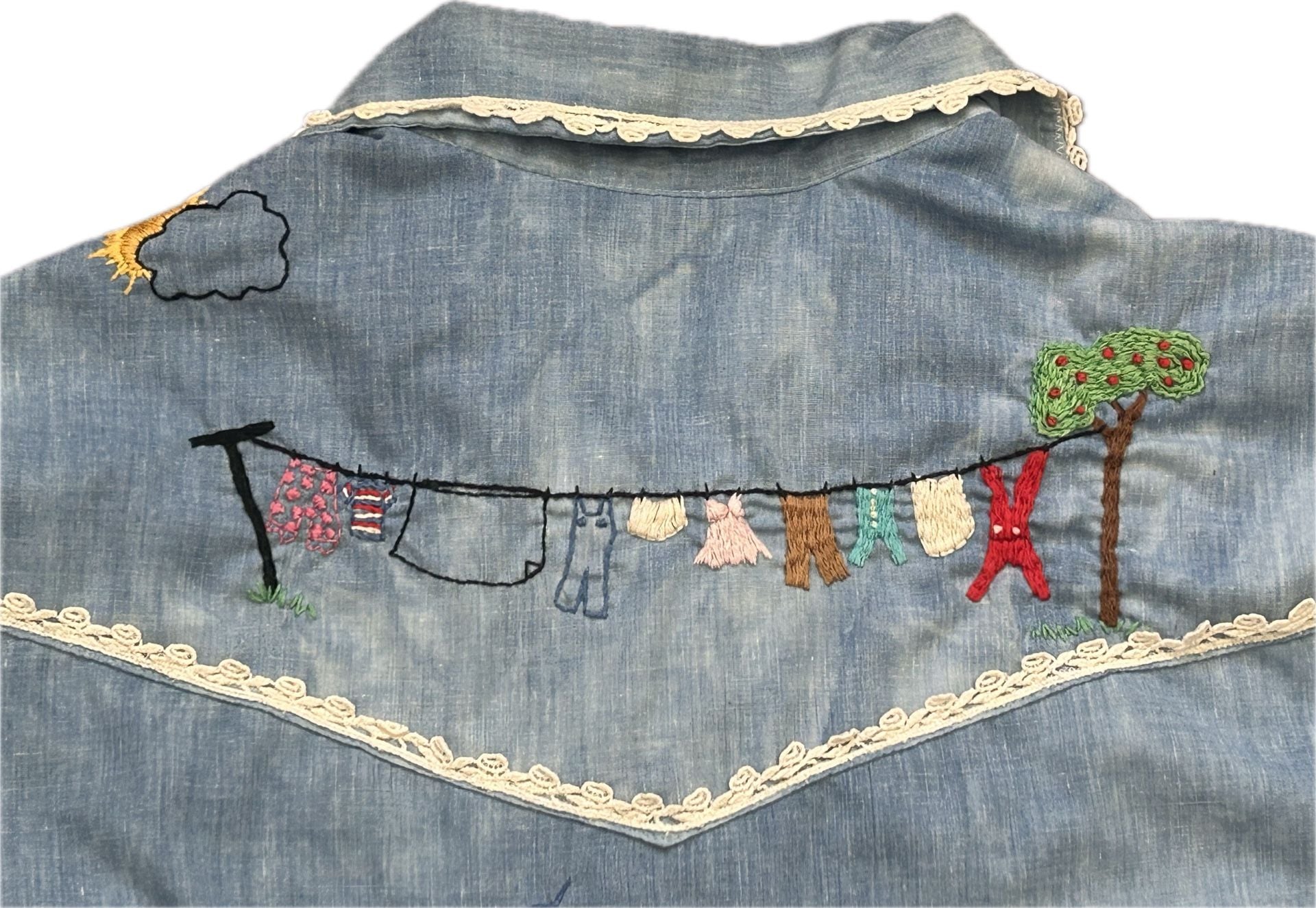 Vintage 70s Wrangler Embroidered Floral Western Denim Shirt prairie boho lace 13
