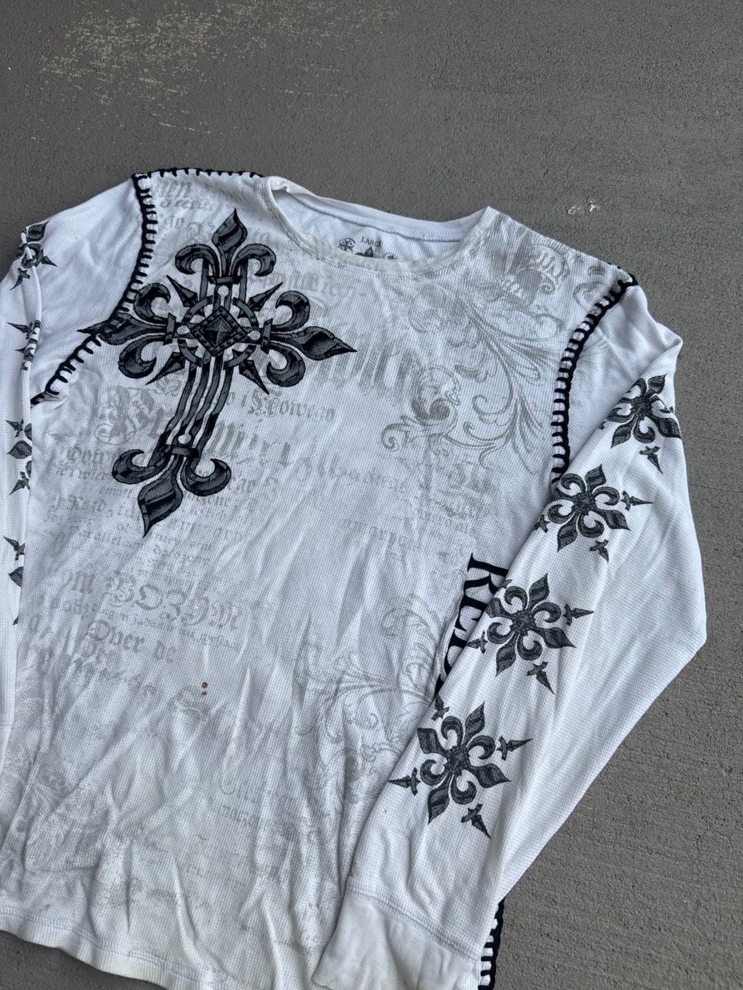 Raw State Vintage Thermal Shirt White Gothic Cross Wings MMA Waffle Knit 3