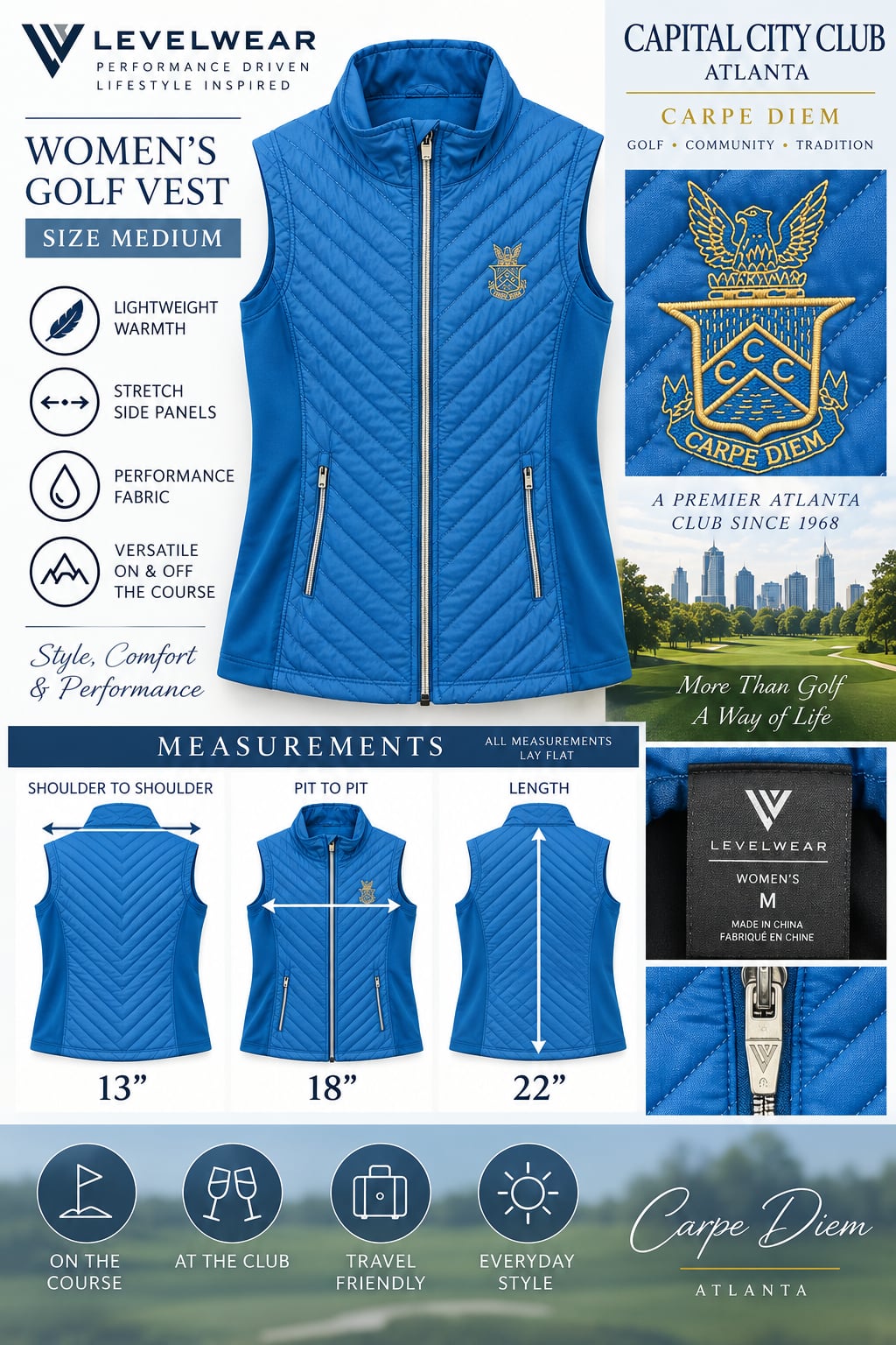 Levelwear Capital City Club Atlanta Womens M Quilted Golf Vest Blue Full Zip 8