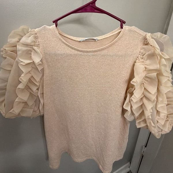 Zara Women’s M Draped Sleeve Knit Jumper Sand Ruffle Puff Sleeve Top