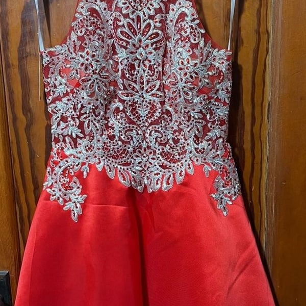 A Formal Affair Red and Silver Lace Halter Homecoming Party Dress