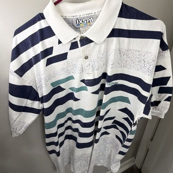 Vintage 90s IXSPA Jamie Sadock Mens M Golf Polo Geometric Stripe Shirt