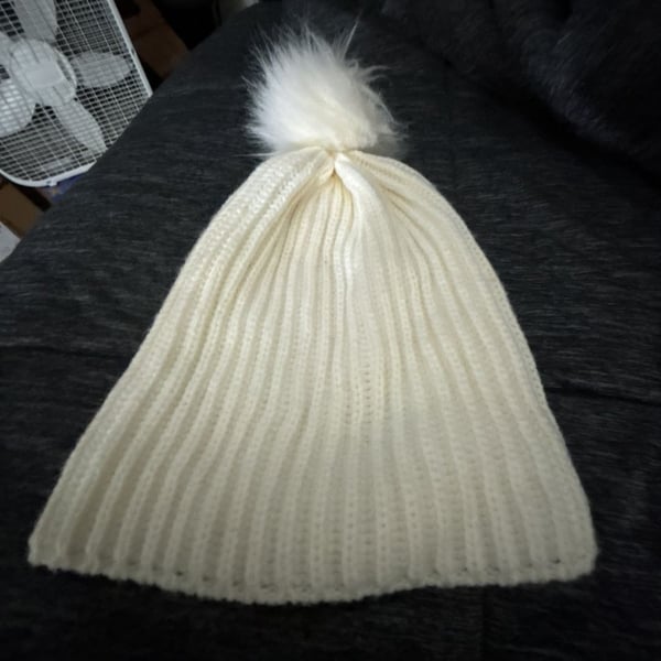 J.Crew Ivory Ribbed Pom-Pom Beanie Warm Comfy One Size