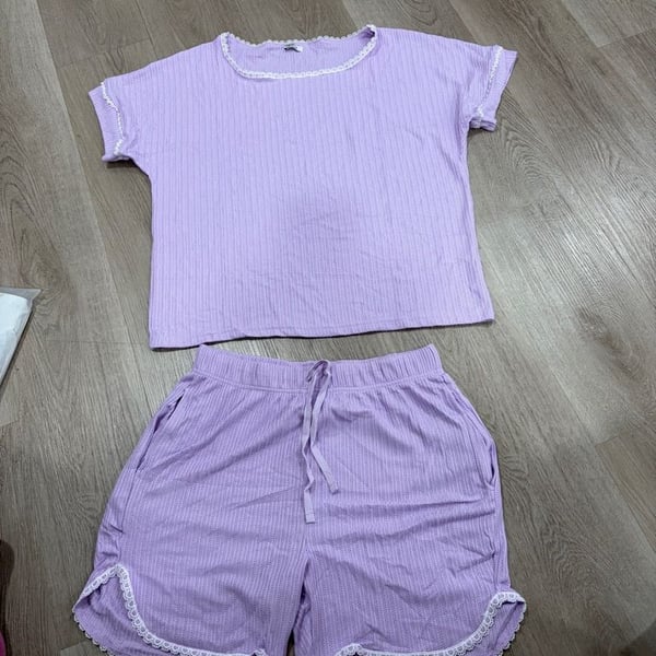 Lavender Ribbed Knit Loungewear Pajama Set with White Lace Trim