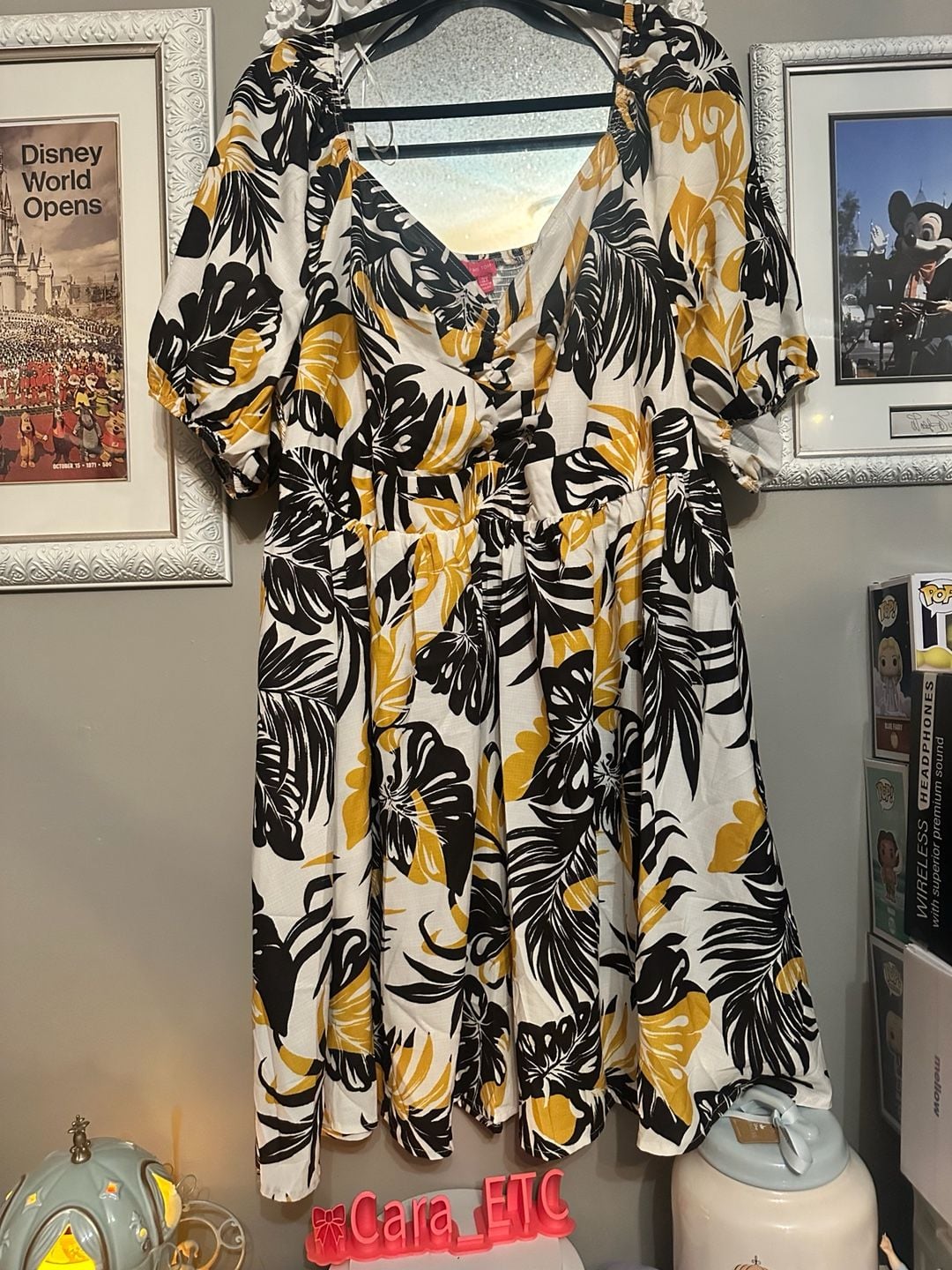 Flying Tomato Tropical Leaf Print Puff Sleeve Midi Dress 3X Black White Gold 2