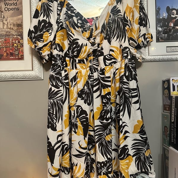 Flying Tomato Tropical Leaf Print Puff Sleeve Midi Dress 3X Black White Gold