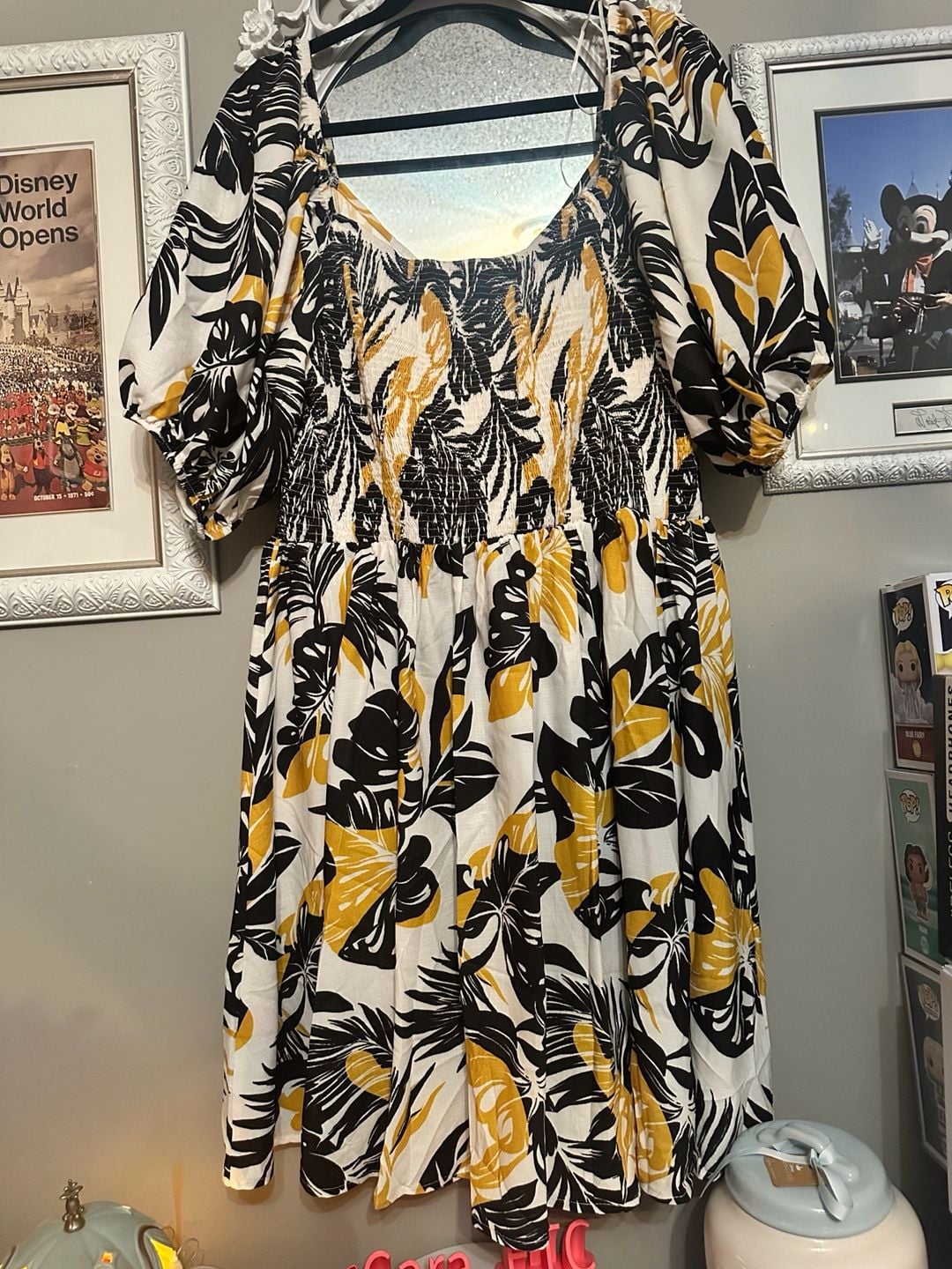 Flying Tomato Tropical Leaf Print Puff Sleeve Midi Dress 3X Black White Gold 7