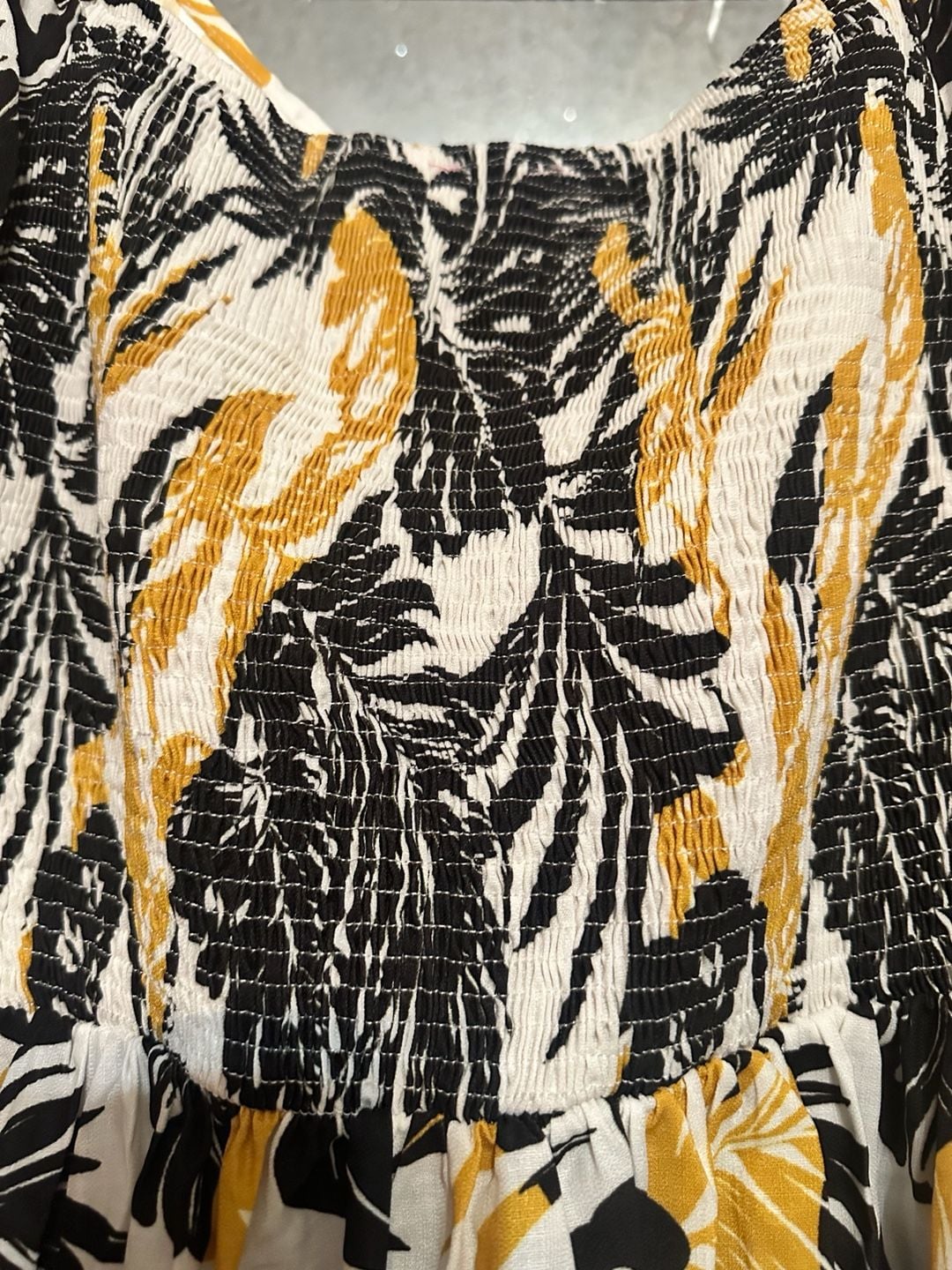 Flying Tomato Tropical Leaf Print Puff Sleeve Midi Dress 3X Black White Gold 8