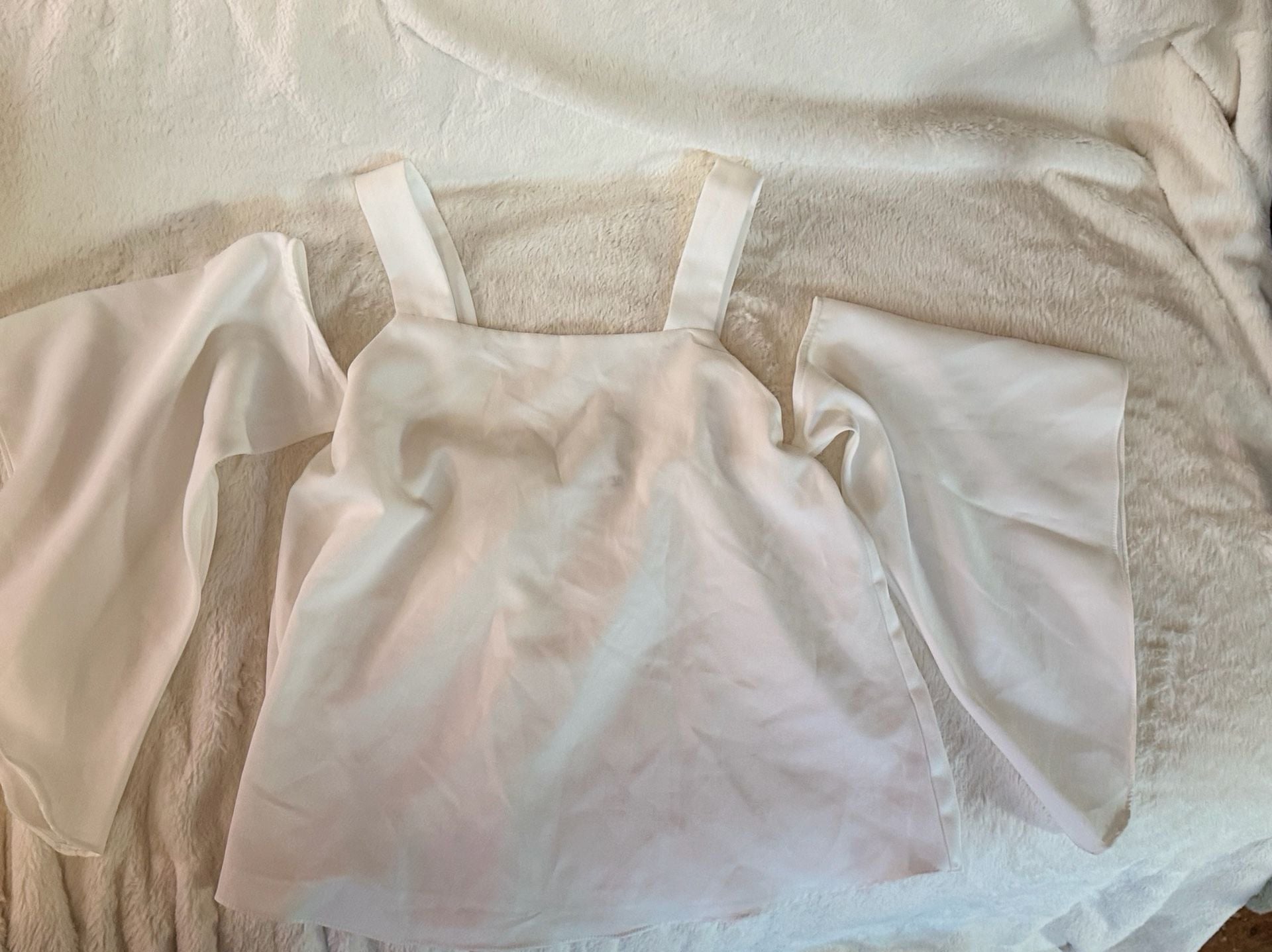 Leibi Satin Cold Shoulder Top with Flare Sleeves White 1