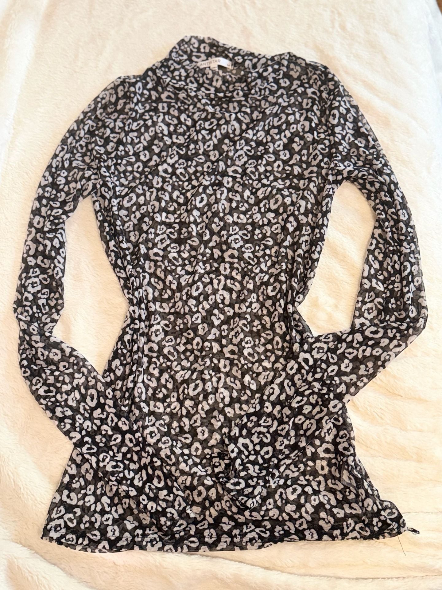 Antistar Black and White Leopard Print Mesh Long Sleeve Mock Neck Top 2