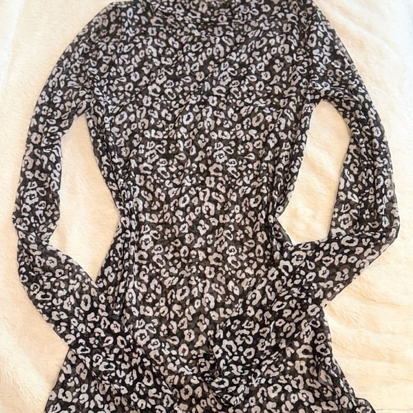 Antistar Black and White Leopard Print Mesh Long Sleeve Mock Neck Top