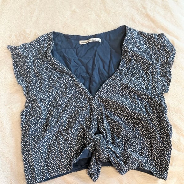 Abercrombie & Fitch Blue Polka Dot V-Neck Short Sleeve Tie Front Crop Top