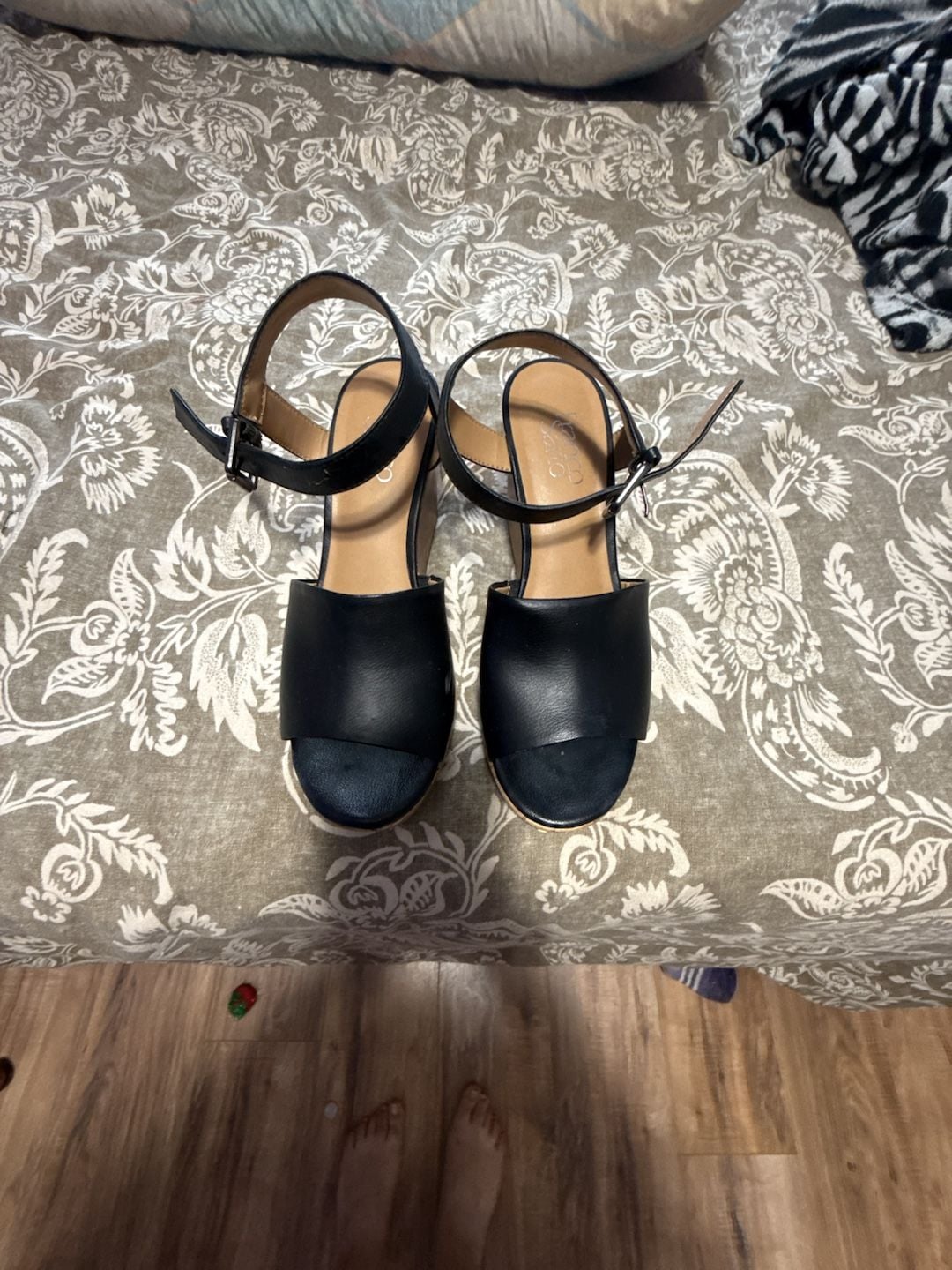 Franco Sarto Women's Black Leather Cork Wedge Ankle Strap Sandals 2