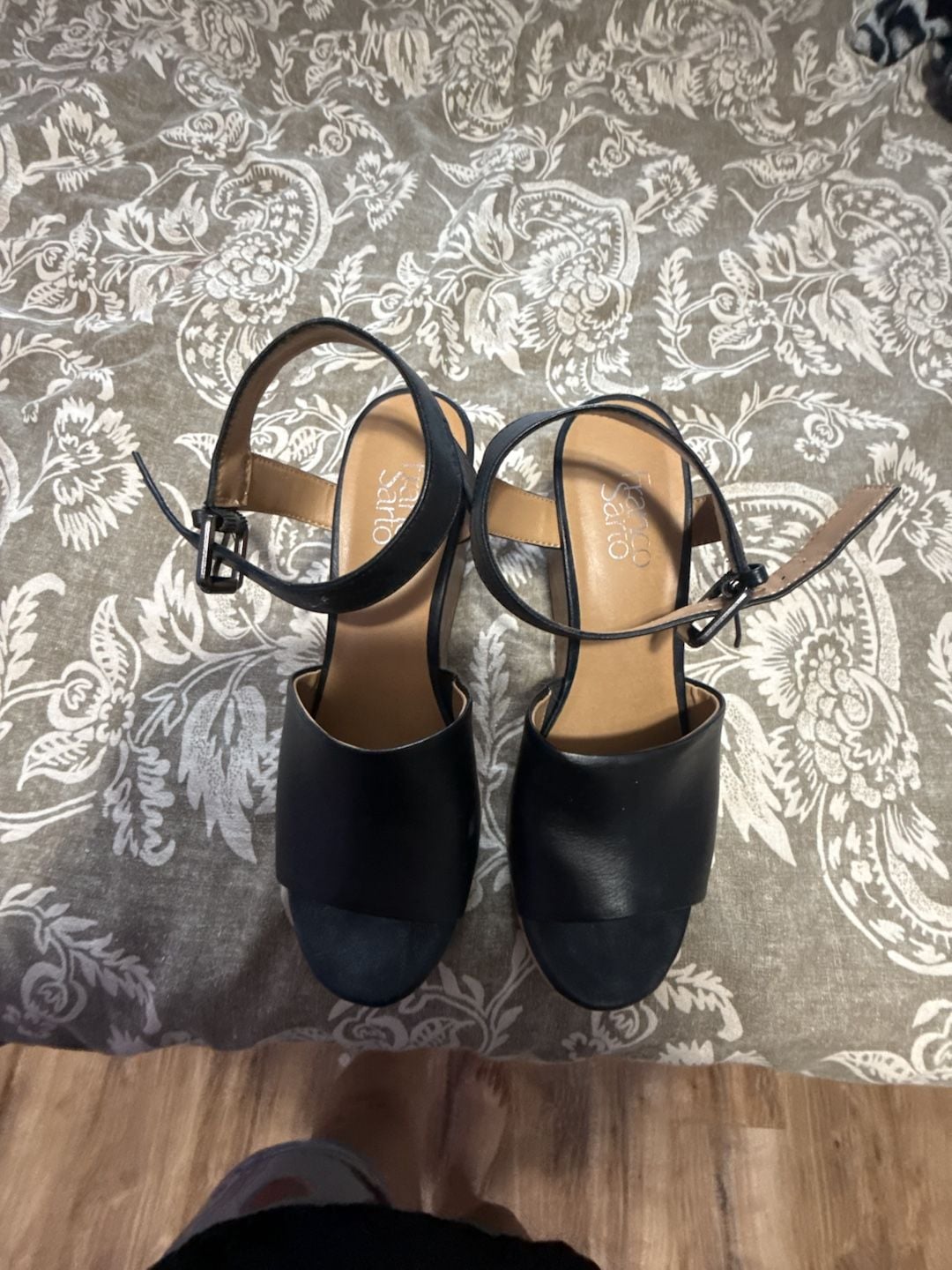 Franco Sarto Women's Black Leather Cork Wedge Ankle Strap Sandals 3