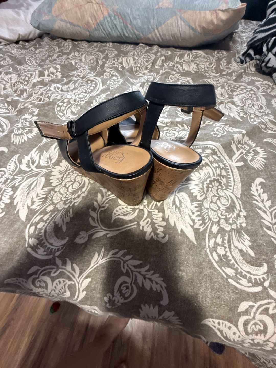 Franco Sarto Women's Black Leather Cork Wedge Ankle Strap Sandals 4