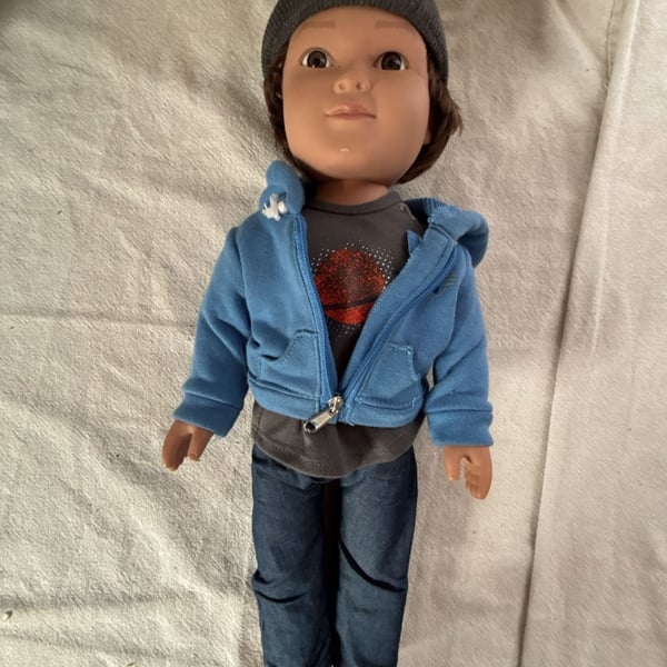 Citytoy Boy Doll with Blue Zip-Up Hoodie, Graphic nike Tee, Jeans, and Beanie