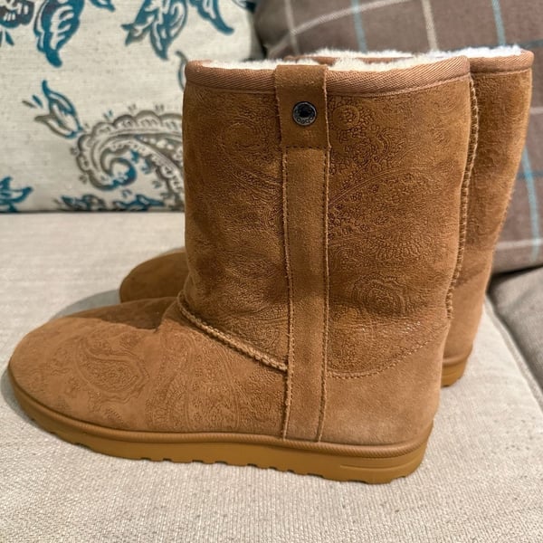 Abeo Chestnut Suede Paisley Print Cozy Winter Boots