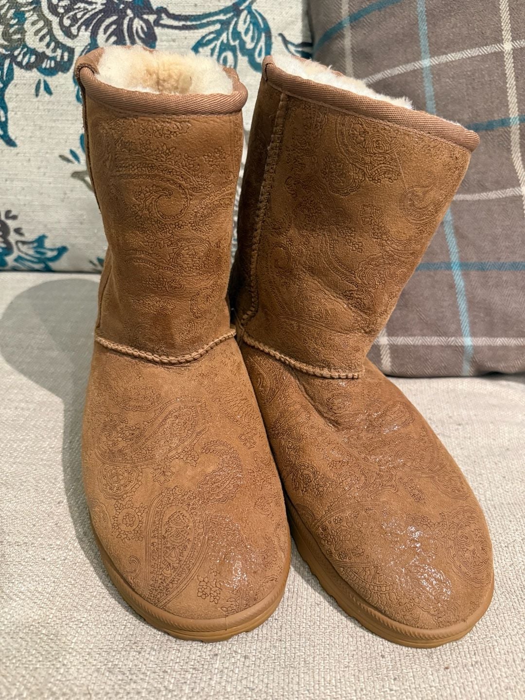 Abeo Chestnut Suede Paisley Print Cozy Winter Boots 3