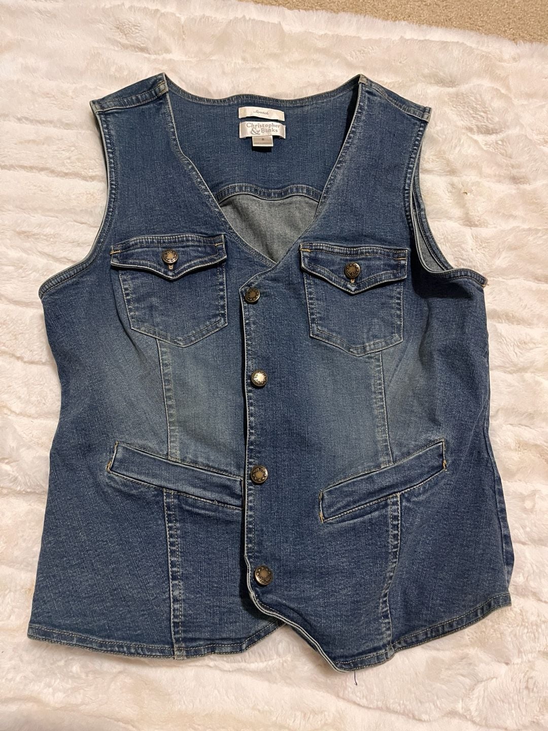 Christopher & Banks Women's Stretch Denim Vest Blue Button Down Sleeveless Size S 2