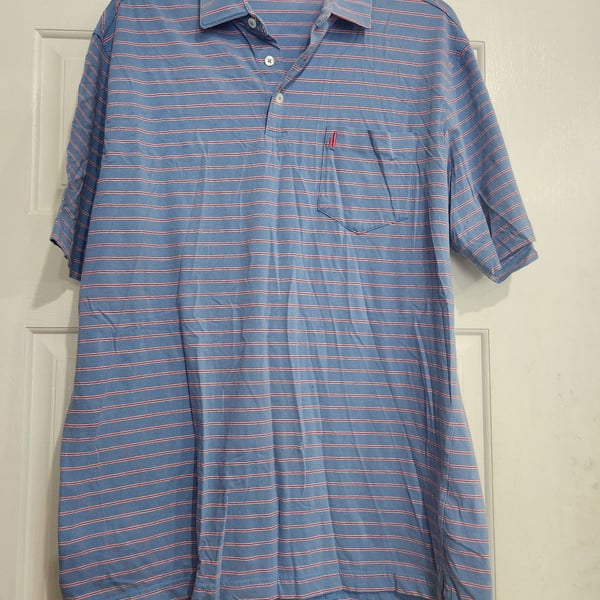 Johnnie-O Men's Blue and Red Striped Short Sleeve Polo Shirt with Pocket Size L