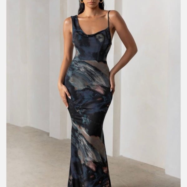 Club L London Phantasy Black Abstract Print Asymmetric Neckline Cowl Maxi Dress