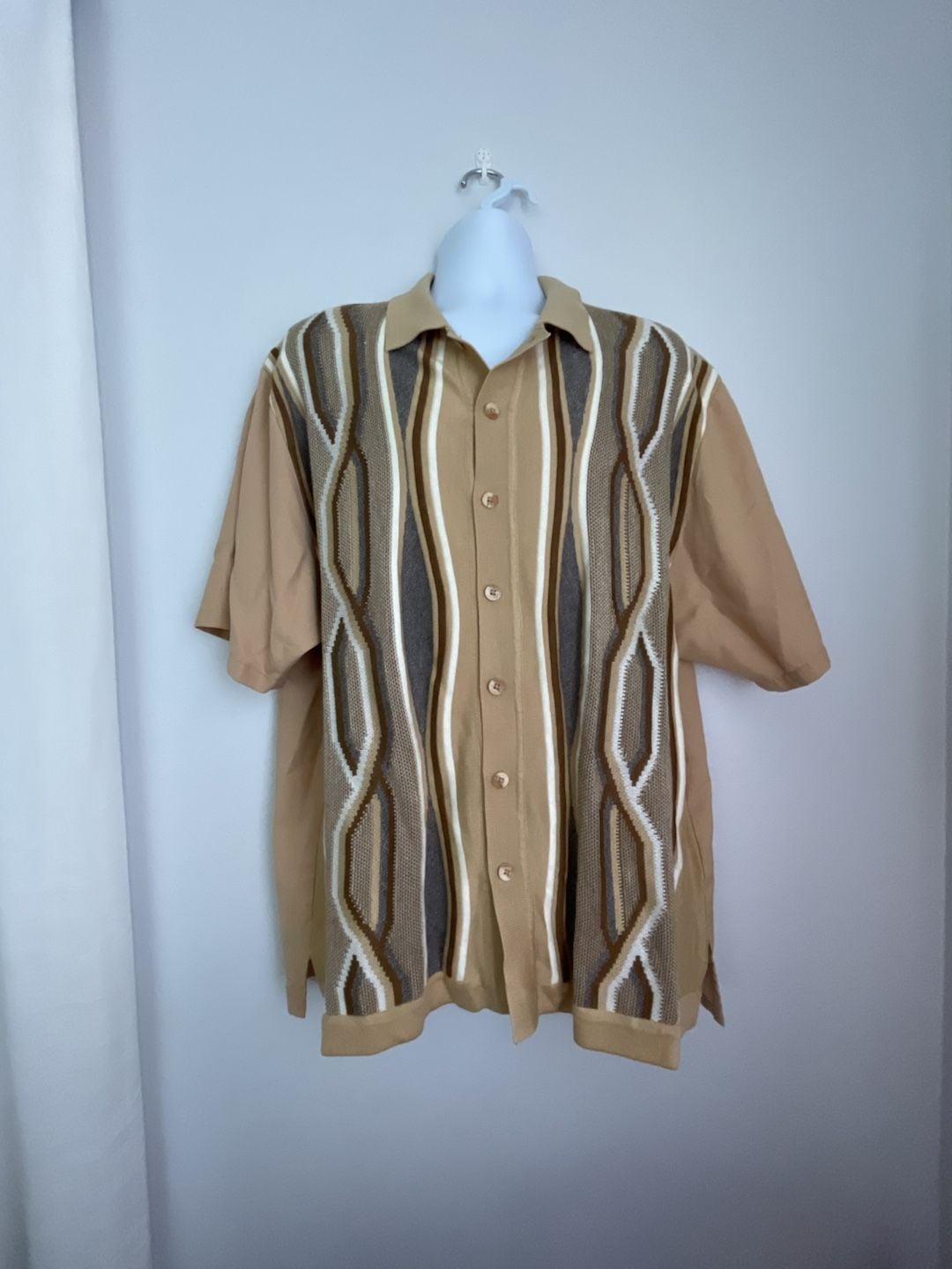 Stacy Adams Men's Tan Geometric Knit Short Sleeve Button-Up Shirt Size 2XL 2