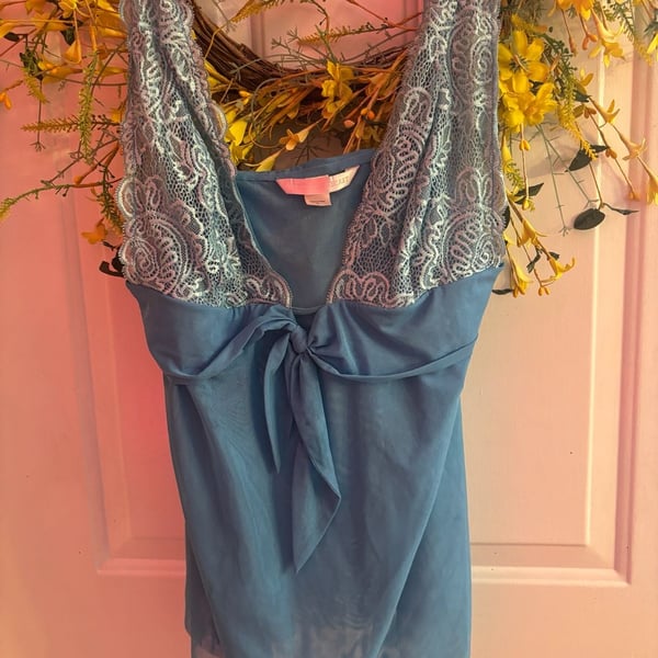Victoria's Secret Blue Lace Trim Babydoll Lingerie Slip Nightgown Size L