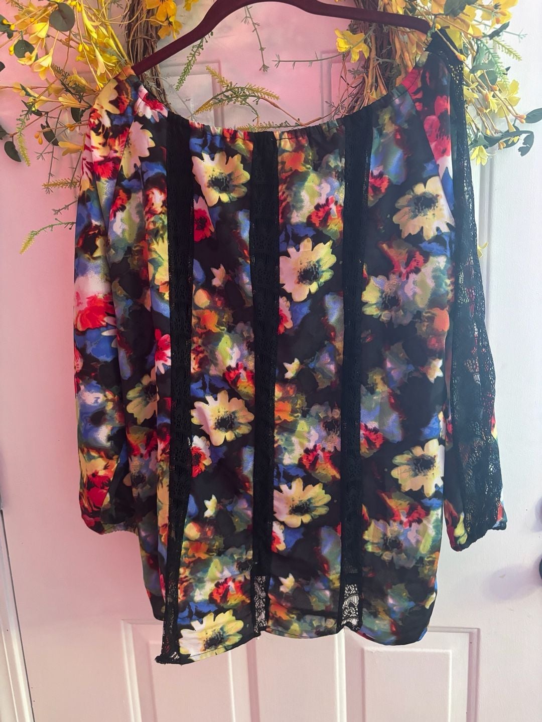 Hot in Hollywood Black Multi Floral Off-Shoulder Lace-Trim Peasant Top 5