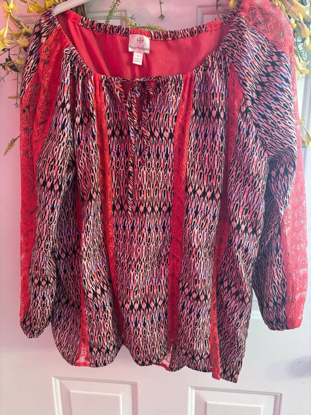 Hot in Hollywood Maya Peasant Blouse with Lace Multicolored Size L 2