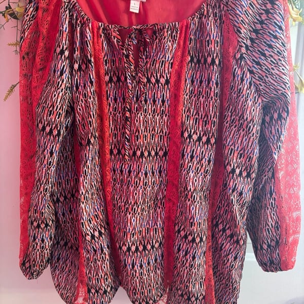 Hot in Hollywood Maya Peasant Blouse with Lace Multicolored Size L