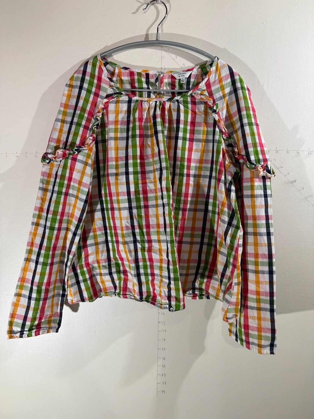 Crown & Ivy Multicolor Plaid Ruffle Shoulder Long Sleeve Blouse Size L 2