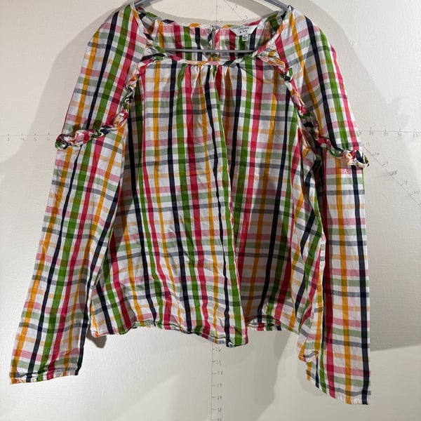 Crown & Ivy Multicolor Plaid Ruffle Shoulder Long Sleeve Blouse Size L