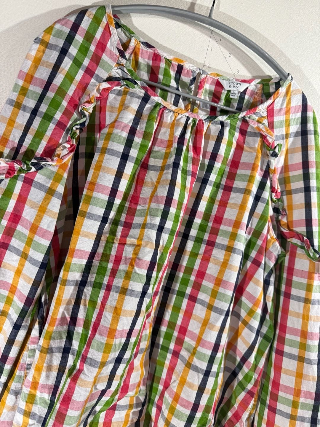 Crown & Ivy Multicolor Plaid Ruffle Shoulder Long Sleeve Blouse Size L 3
