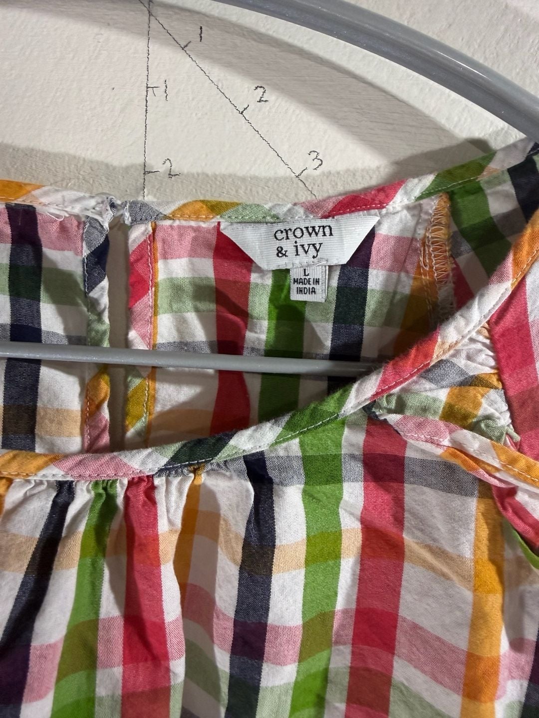Crown & Ivy Multicolor Plaid Ruffle Shoulder Long Sleeve Blouse Size L 4