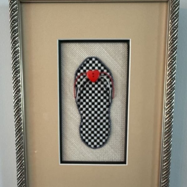 Handmade Black and White Checkered Flip Flop Wall Art with Red Heart Button