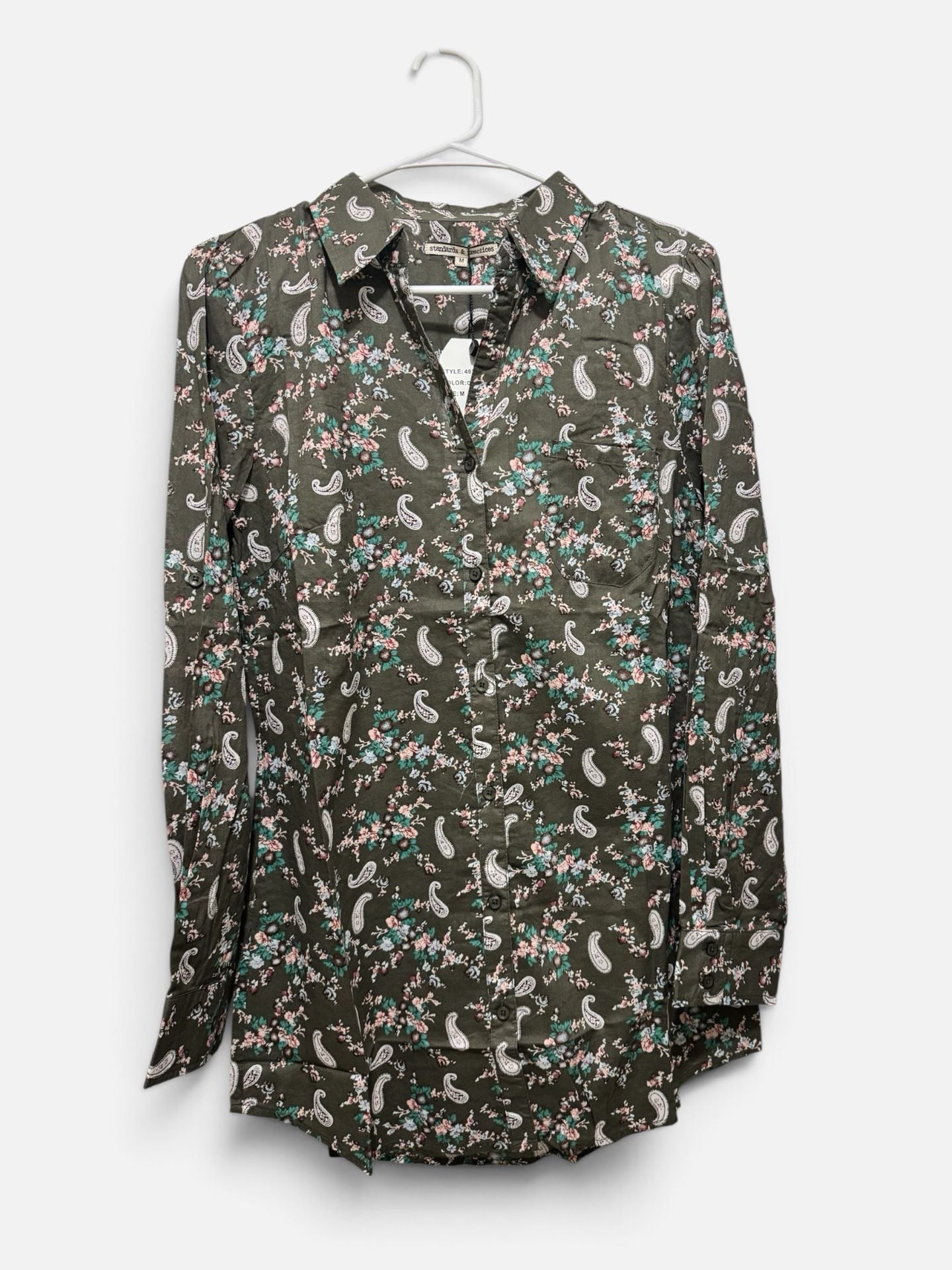 Women’s long sleeve Floral Paisley Button Down Blouse Size M Olive Green 2