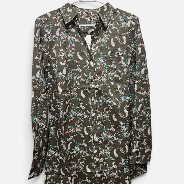 Women’s long sleeve Floral Paisley Button Down Blouse Size M Olive Green 