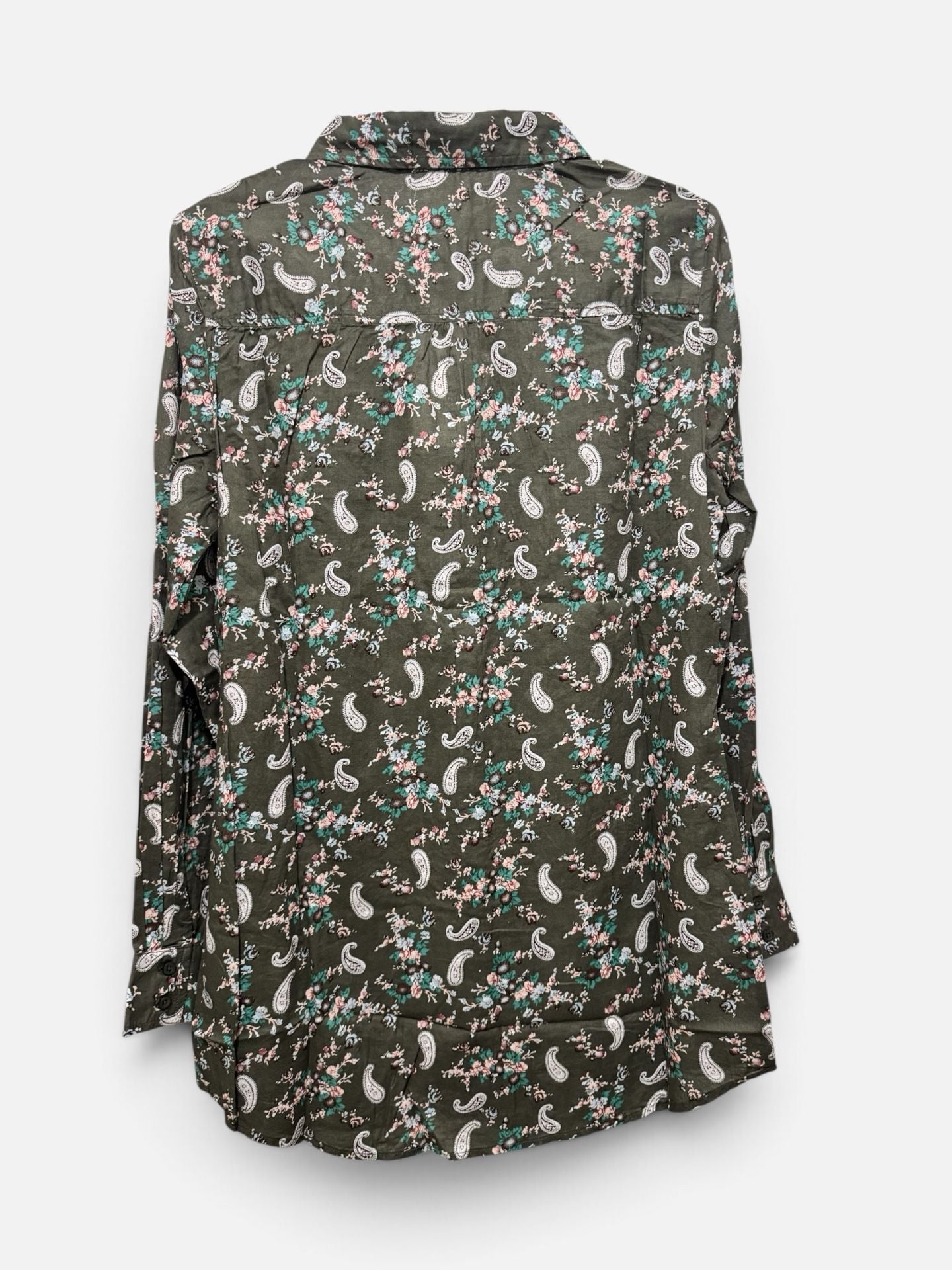 Women’s long sleeve Floral Paisley Button Down Blouse Size M Olive Green 3