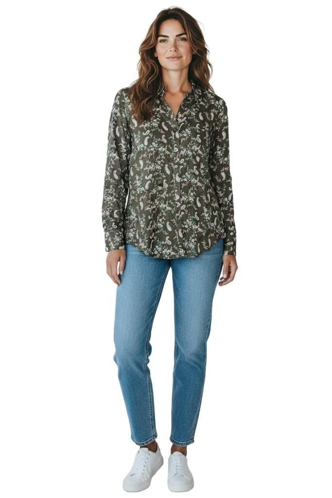 Women’s long sleeve Floral Paisley Button Down Blouse Size M Olive Green 9