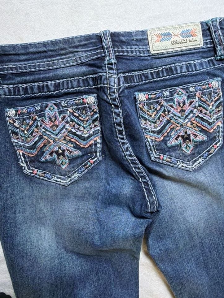 Grace in LA Boot Cut Jeans Women's Size 28 Embellished Aztec Pockets 5