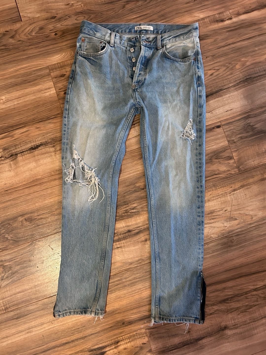 Zara Distressed Button Fly Jeans with Ankle Zippers Size 31 2